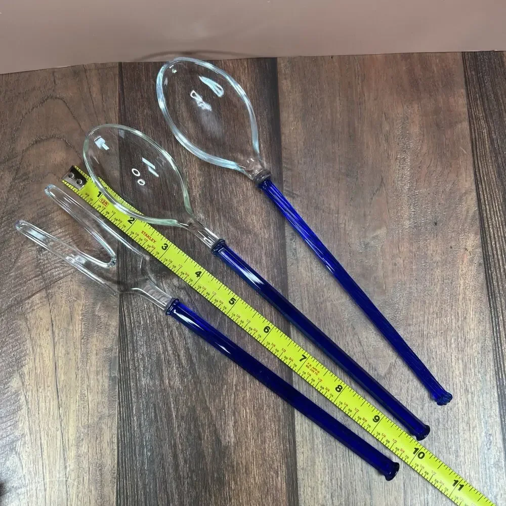 Set of 3 Vintage Czech Sapphire Blue Glass Serving Fork & Spoons 9.75
